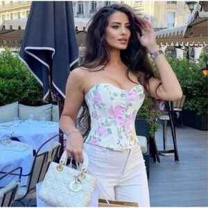 ZARA Corset Top Ivory Floral Strapless Size S BLOGGER FAVORITE • NEW WITH TAGS •